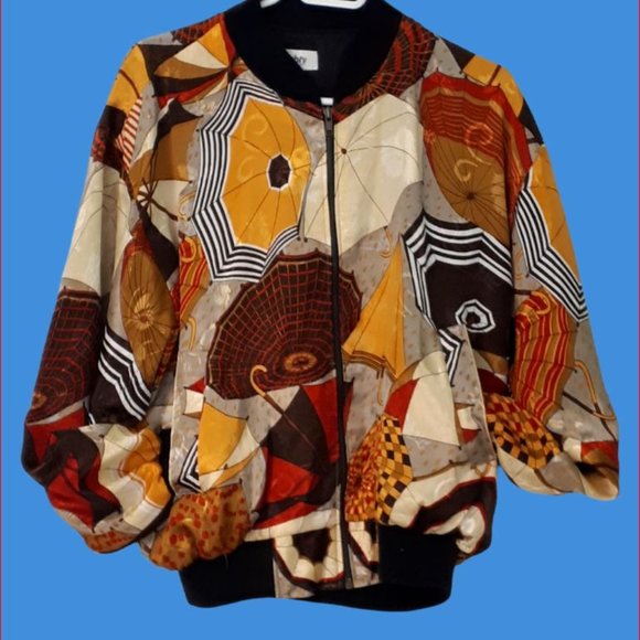 Vtg Mighty Bomber Style Jacket Designer Multicolor Umbrella Pattern Silky - Picture 1 of 5